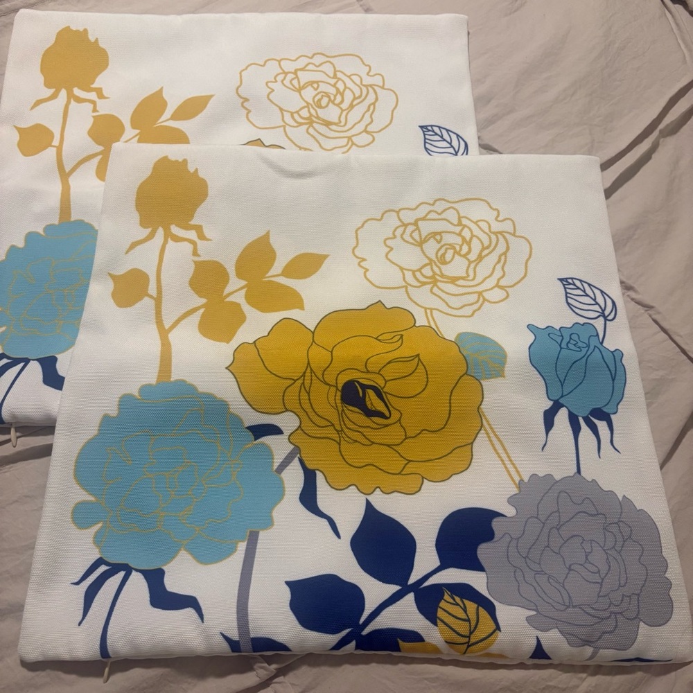 Floral Accent Pillows - White with Blue and Yellow